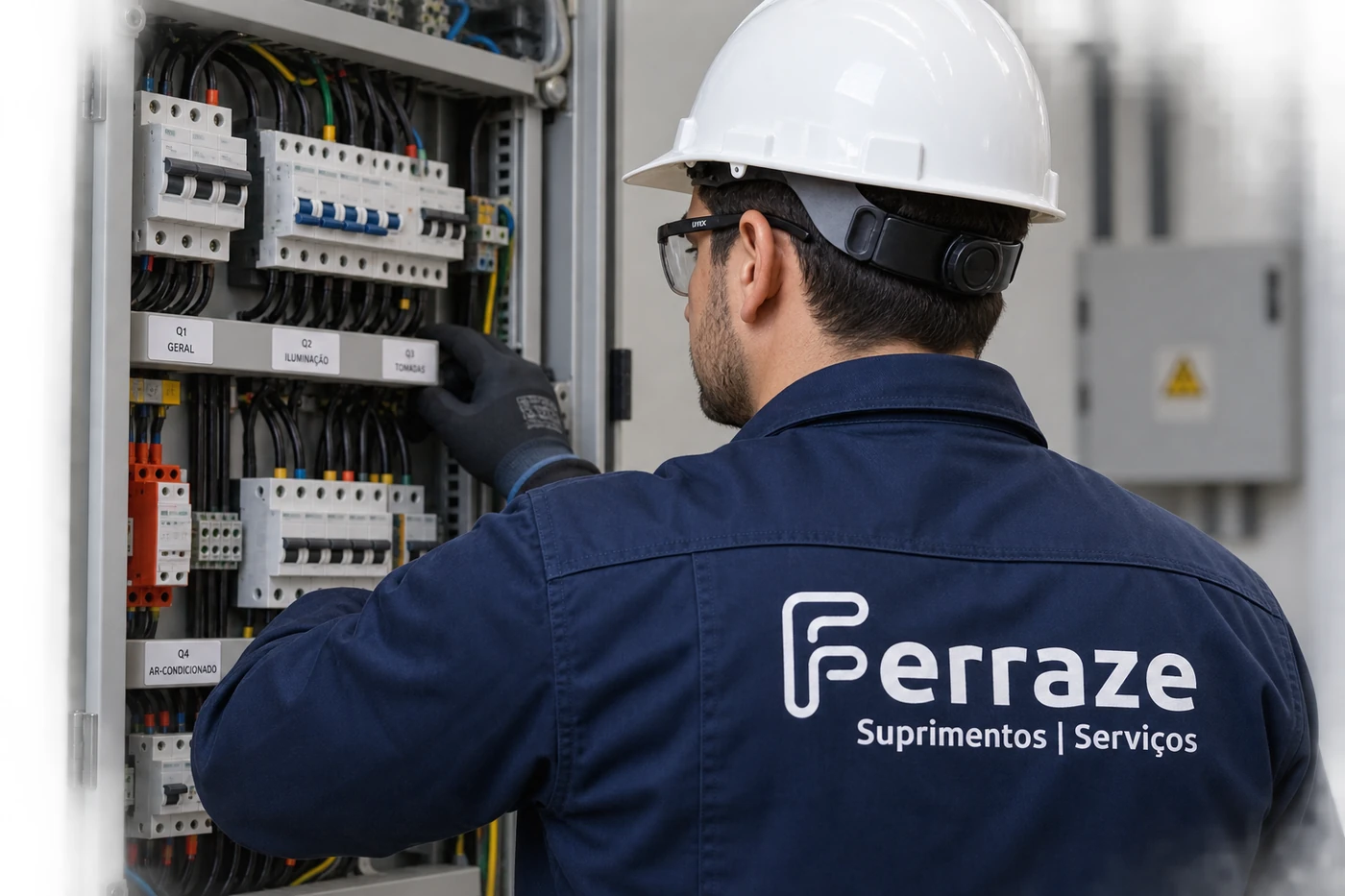 Manutenção elétrica com uso de luvas de proteção em painel técnico